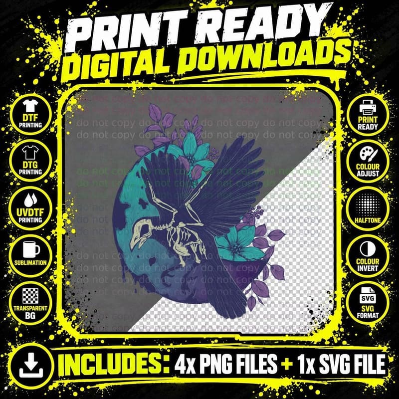 Crow Skeleton and Moon T-Shirt Png SVG Digital Bundle