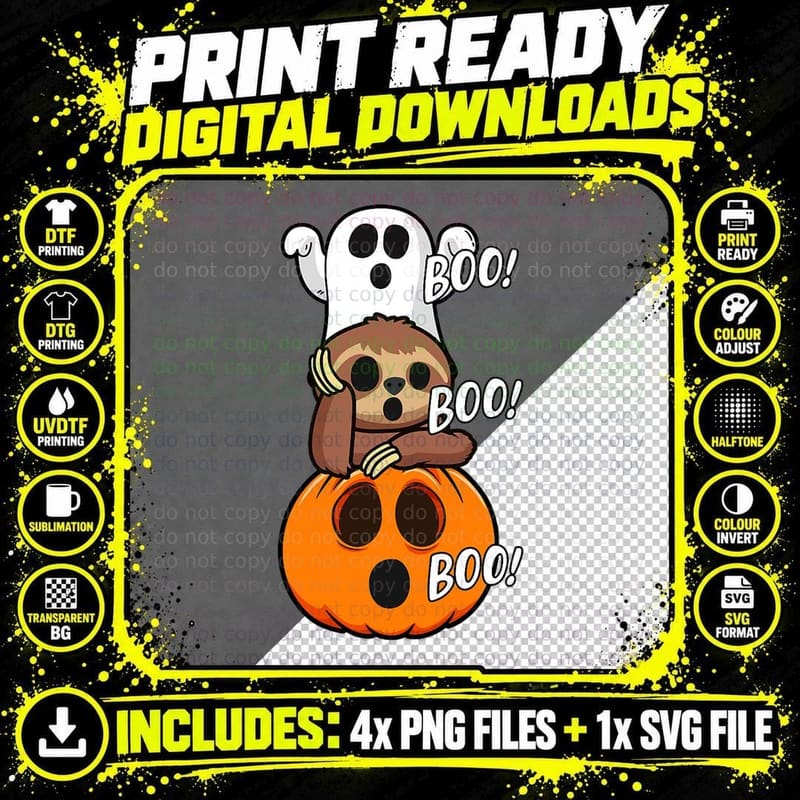 Cute Boo Sloth with Ghost and Pumpkin Horror Halloween Png SVG Digital Bundle