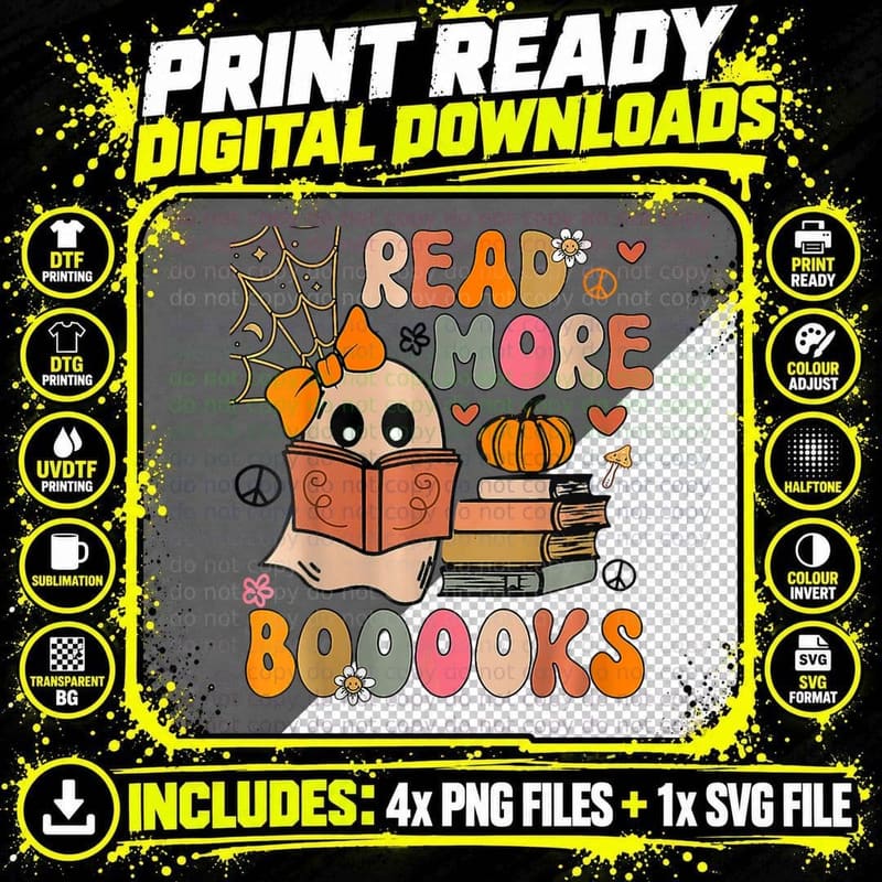 Cute Booooks Ghost Read More Books Teacher Halloween Png SVG Digital Bundle