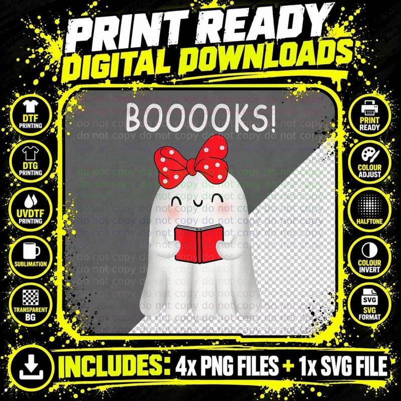 Cute Ghost Book Reading Halloween Teacher Funny Booooks! Png SVG Digital Bundle