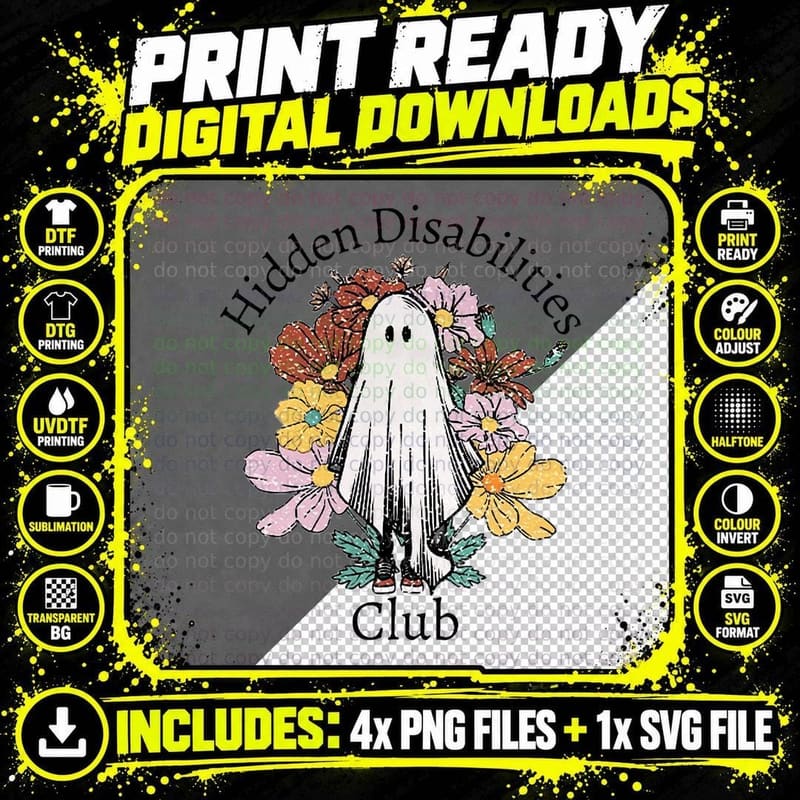 Cute Ghost Floral Hidden Disabilities Invisible Illness Png SVG Digital Bundle