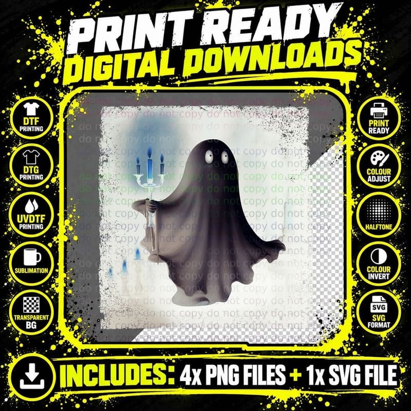 Cute Ghost Holding Candle Funny Halloween Gothic Vintage Png SVG Digital Bundle