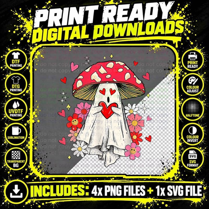 Cute Ghost Mushroom Valentines Day Groovy Hippie Family Png SVG Digital Bundle