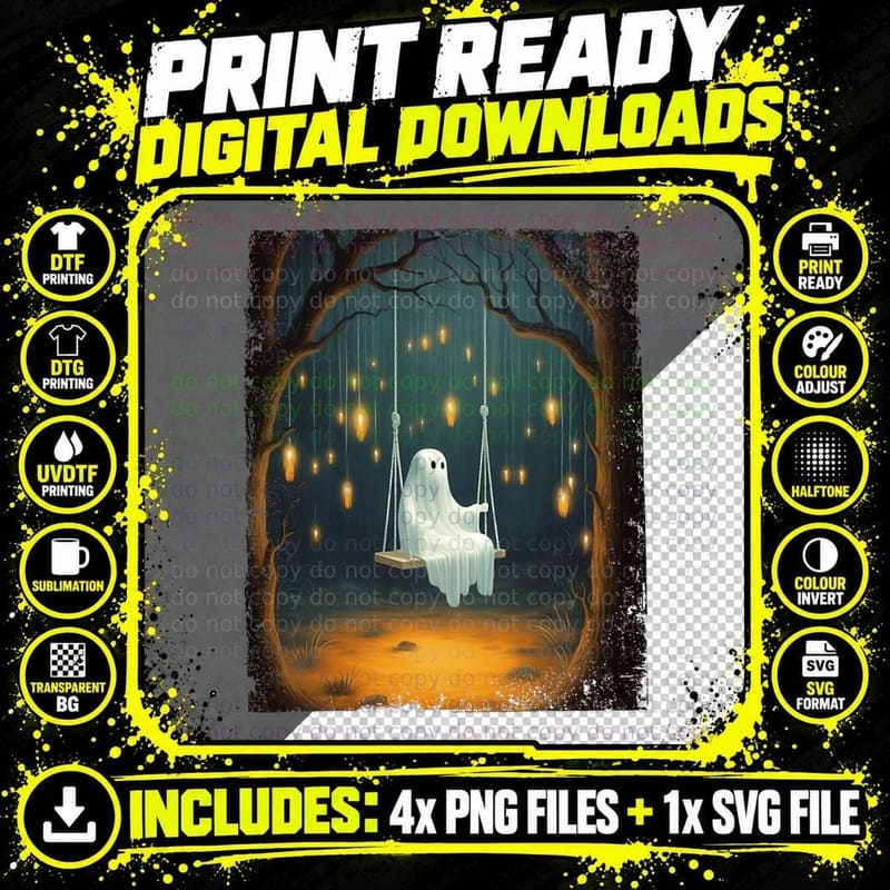 Cute Ghost on a Swing Fall Forest Funny Halloween Gothic Png SVG Digital Bundle