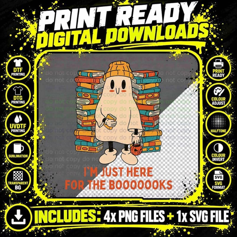 Cute Just Here for the Books Ghost Reading Halloween Png SVG Digital Bundle