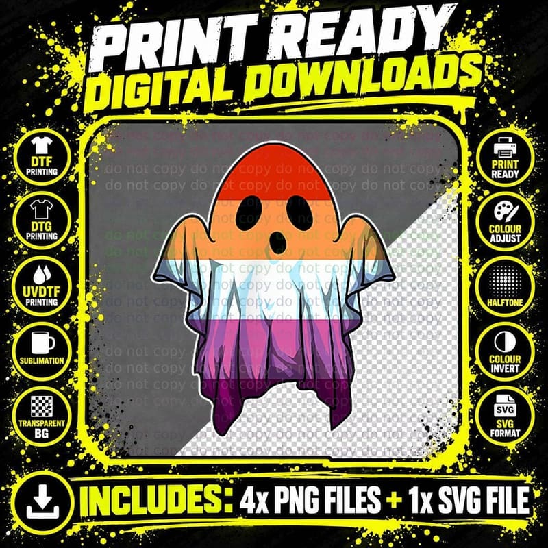 Cute Lesbian Ghost LGBT Halloween Ghost LGBTQ Lesbian Png SVG Digital Bundle