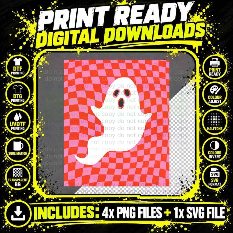 Cute Retro Checkered Ghost Halloween Spooky Pink Red Png SVG Digital Bundle