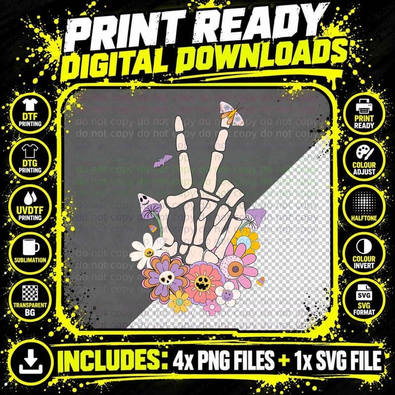 Cute Retro Funny Fall Halloween Skeleton Peace Costume Png SVG Digital Bundle