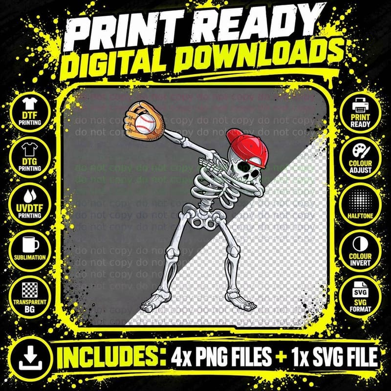 Dabbing Skeleton Baseball Halloween Player Catcher Png SVG Digital Bundle