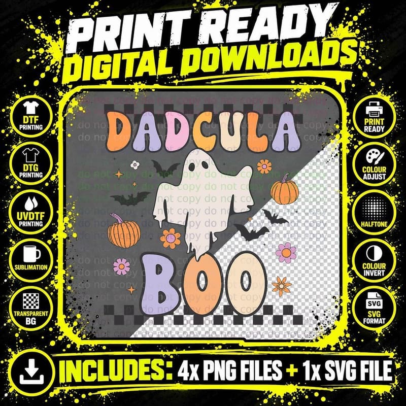 Dadcula Boo Retro Groovy Ghost Halloween Family Matching Png SVG Digital Bundle
