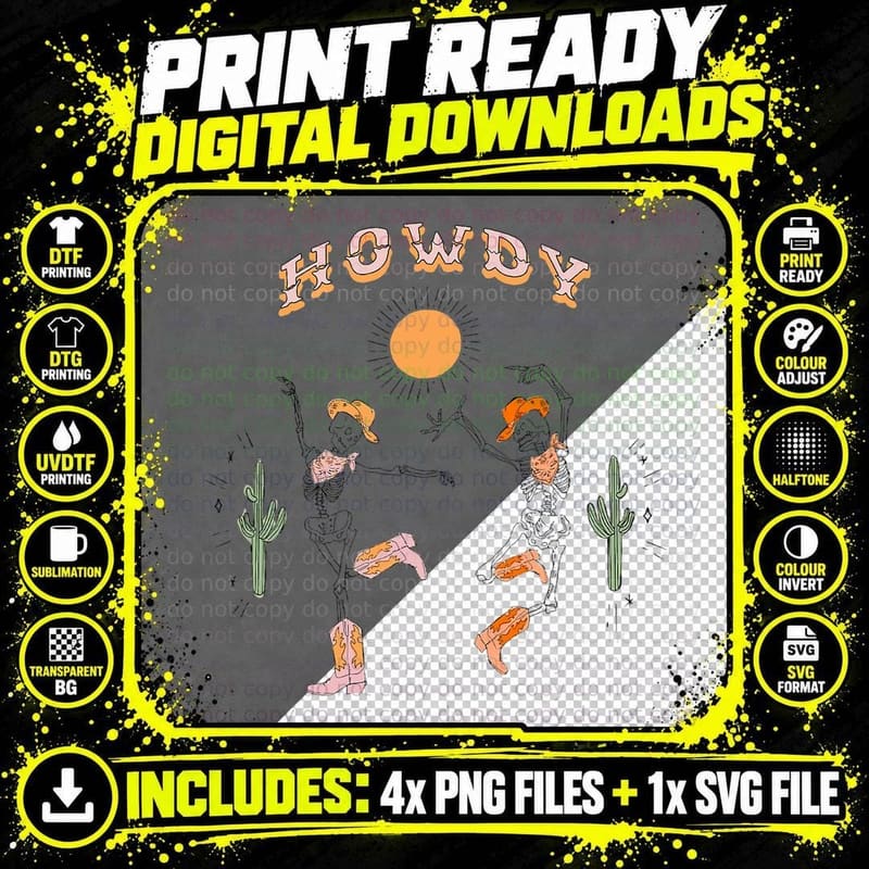 Desert Skeleton Dancing Cowboy Boots Hat Howdy Western Png SVG Digital Bundle