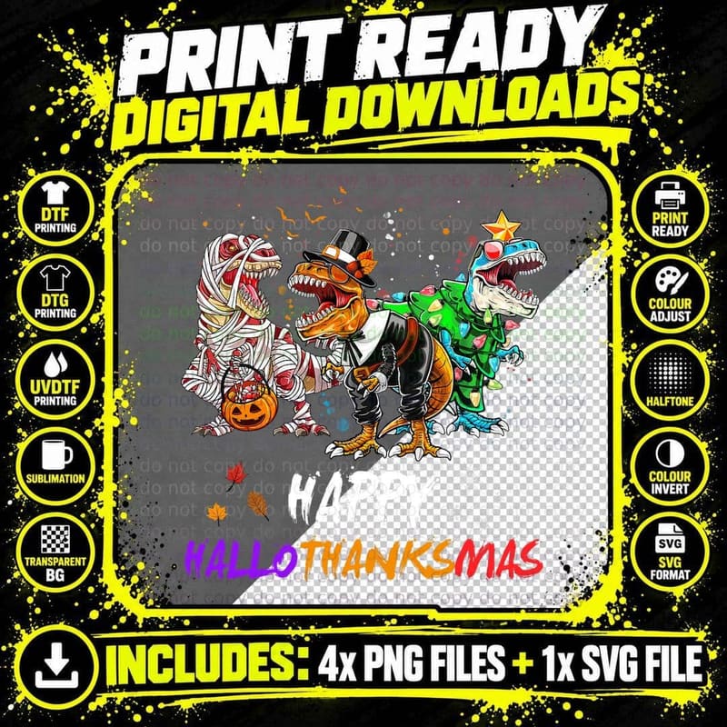 Dinosaur T Rex Happy Hallothanksmas Halloween Kids Boys Png SVG Digital Bundle