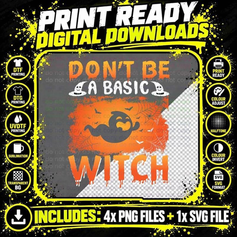 Don't Be a Basic Witch Funny Halloween Retro Sunset Png SVG Digital Bundle