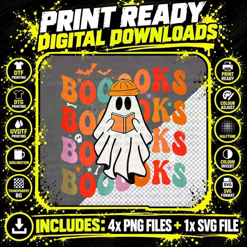 F0. NEW Batcheshalloweenhalloween-008Booooks Groovy Cute Png SVG Digital Bundle
