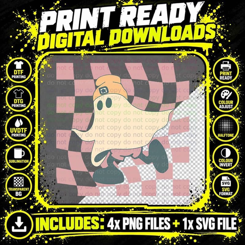 Fall Retro Checkerboard Halloween Ghost Beanie Spooky Png SVG Digital Bundle