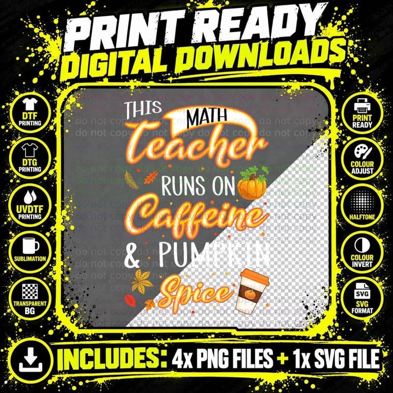 Fall Season Math Teacher Caffeine Pumpkin Spice Latte Png SVG Digital Bundle