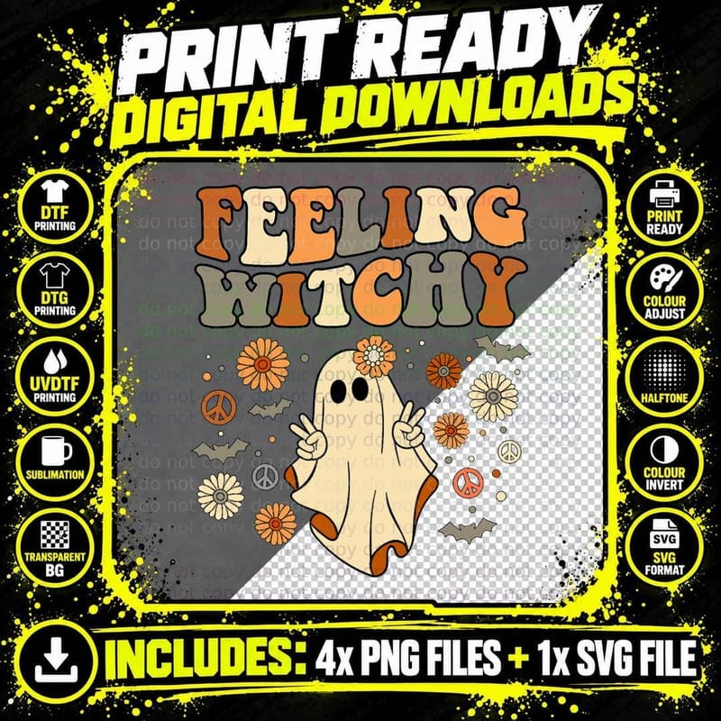Feeling Witchy Halloween Ghost Outfit Costume Retro Png SVG Digital Bundle