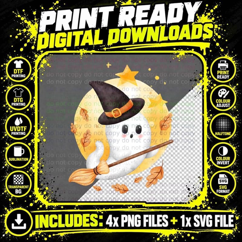 Flying Ghost on a Broomstick, Happy Halloween T-Shirt Png SVG Digital Bundle