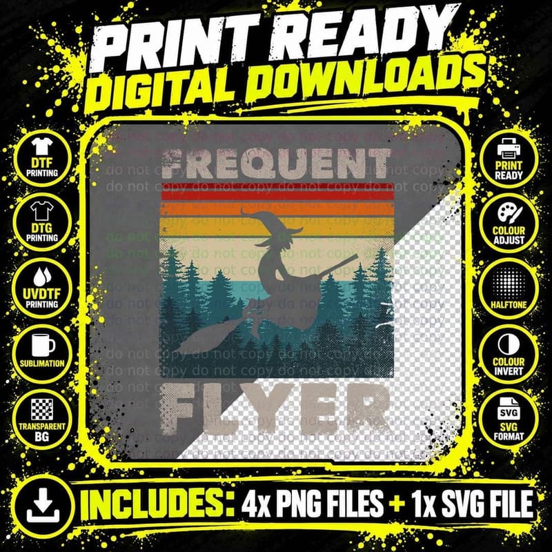 Frequent Flyer Witch Outfit Retro Halloween Witch T-Shirt Png SVG Digital Bundle