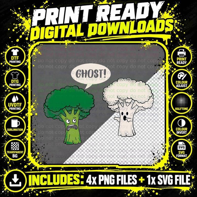Funny Broccoli Cauliflower Ghost Vegetarian Vegetable Png SVG Digital Bundle
