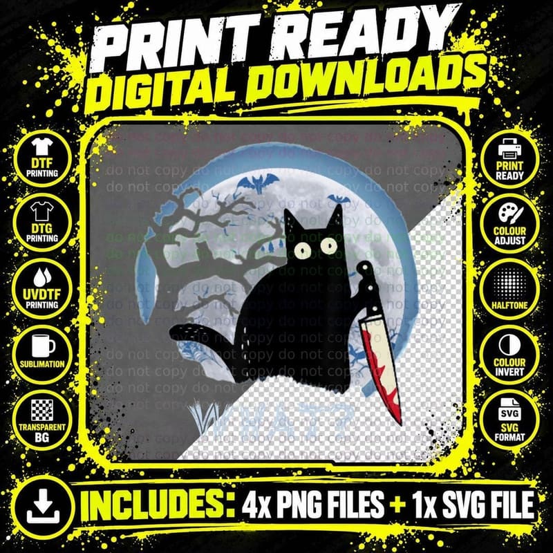 Funny Cat Murderous Black Cat, with Knife Halloween Gift Png SVG Digital Bundle