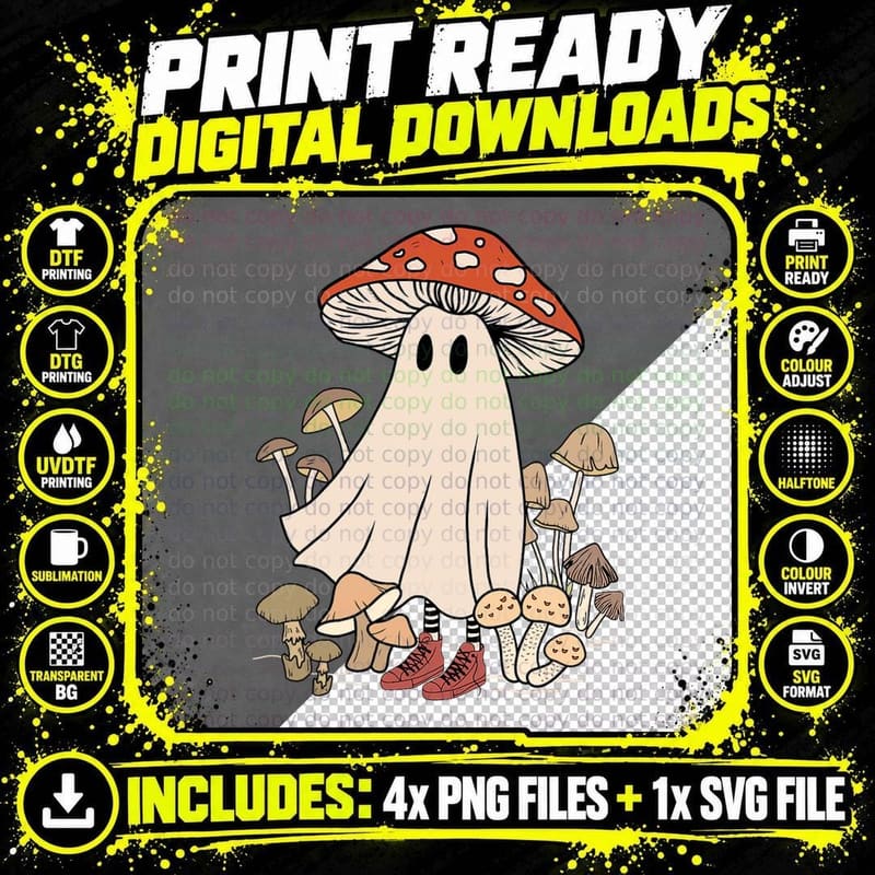 Funny Creepy Mushroom Ghost Retro Halloween Spooky Png SVG Digital Bundle