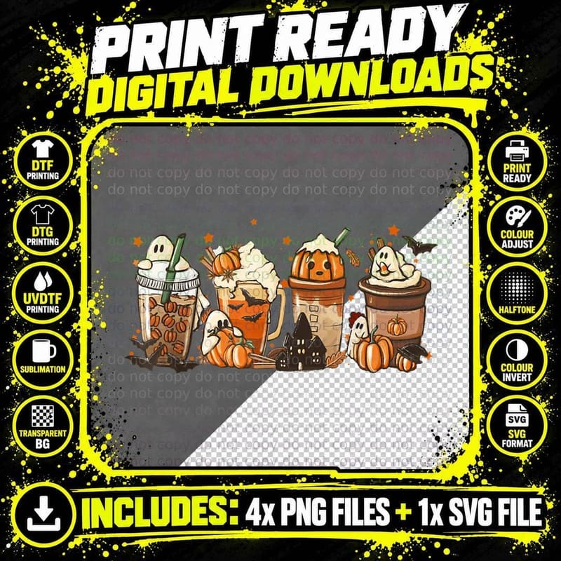 Funny Ghosts Boo Holding Pumpkins Latte Coffee Halloween Png SVG Digital Bundle