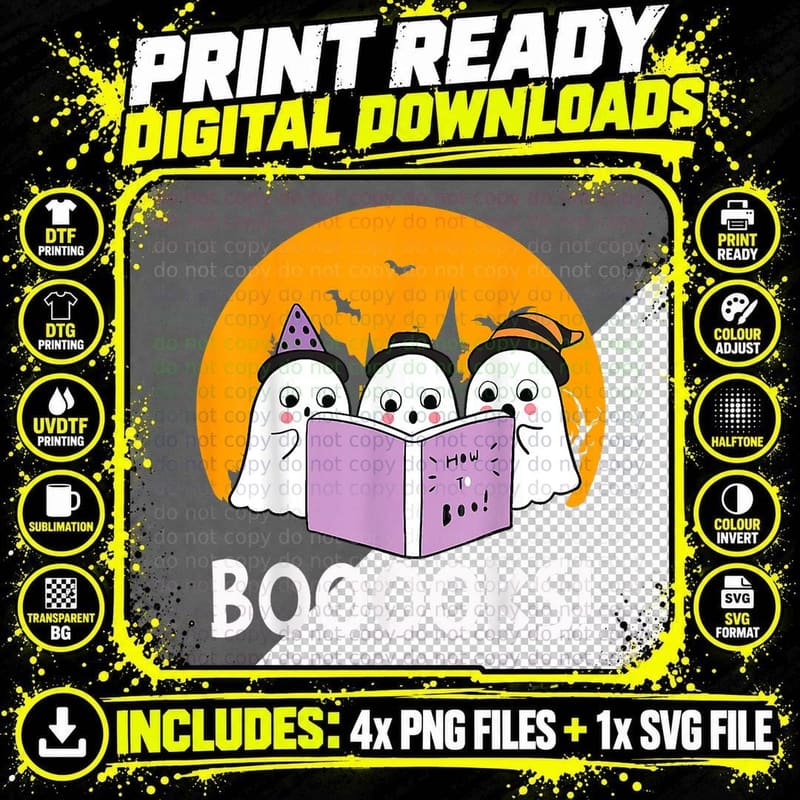 Funny Halloween Booooks! Cute Ghost Reading Library Png SVG Digital Bundle