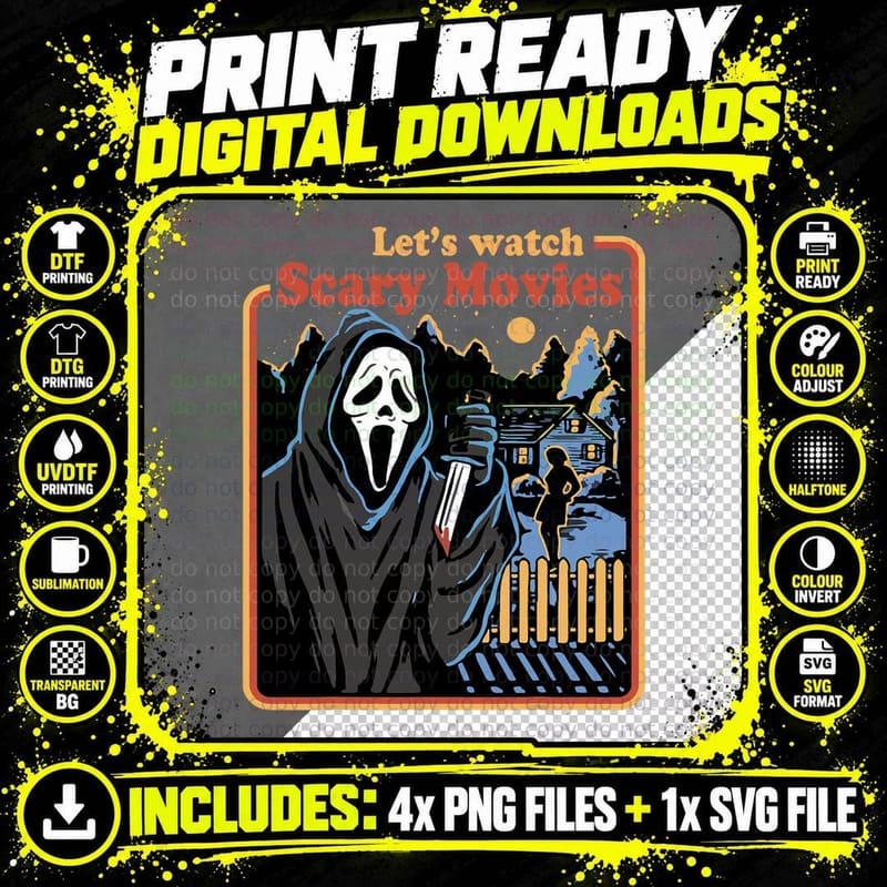 Funny Halloween Let's Watch Scary Horror Movies Ghost Png SVG Digital Bundle