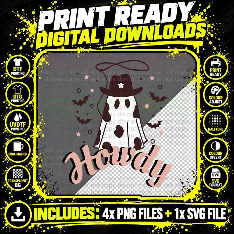 Funny Halloween Retro Howdy Ghost Western Costume T-Shirt Png SVG Digital Bundle