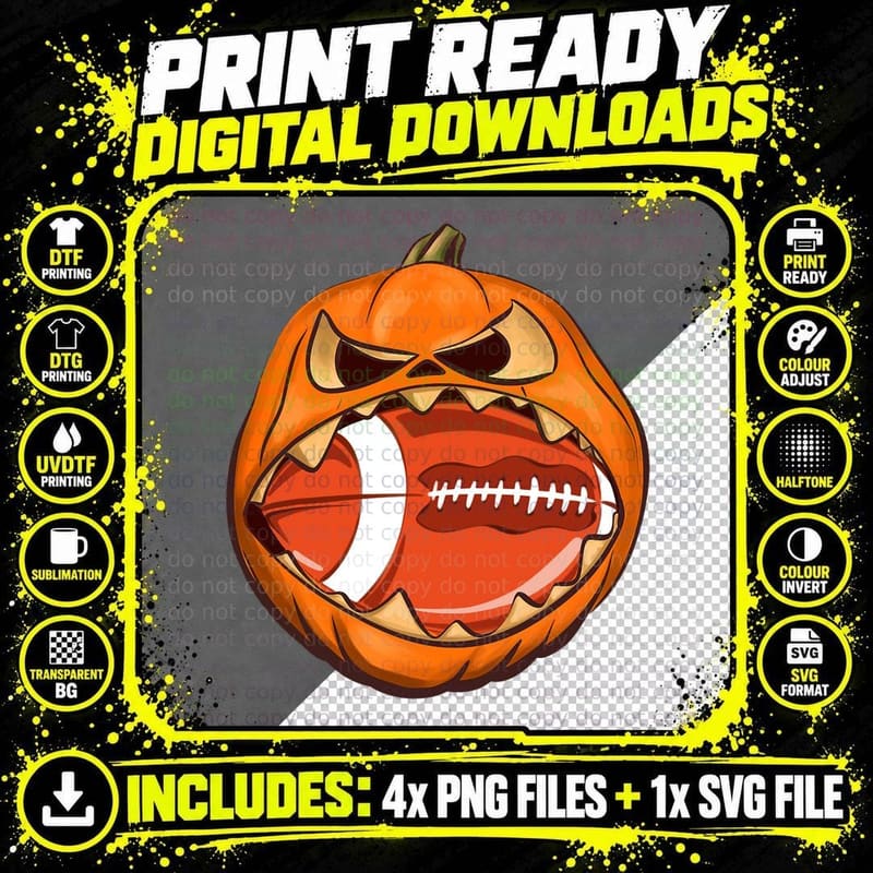 Funny Pumpkin Football Halloween Team Vintage Football Png SVG Digital Bundle