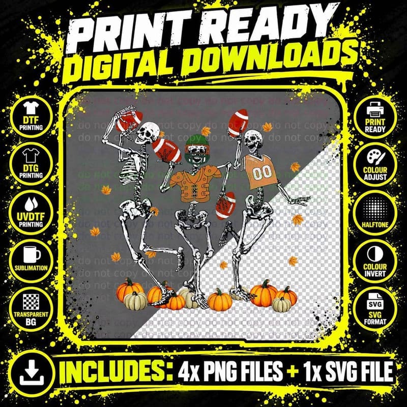 Funny Skeleton Playing Football Halloween Spooky Season Png SVG Digital Bundle