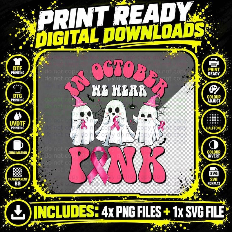 Funny Warrior Wear Pink Ribbon Breast Cancer Ghost Png SVG Digital Bundle