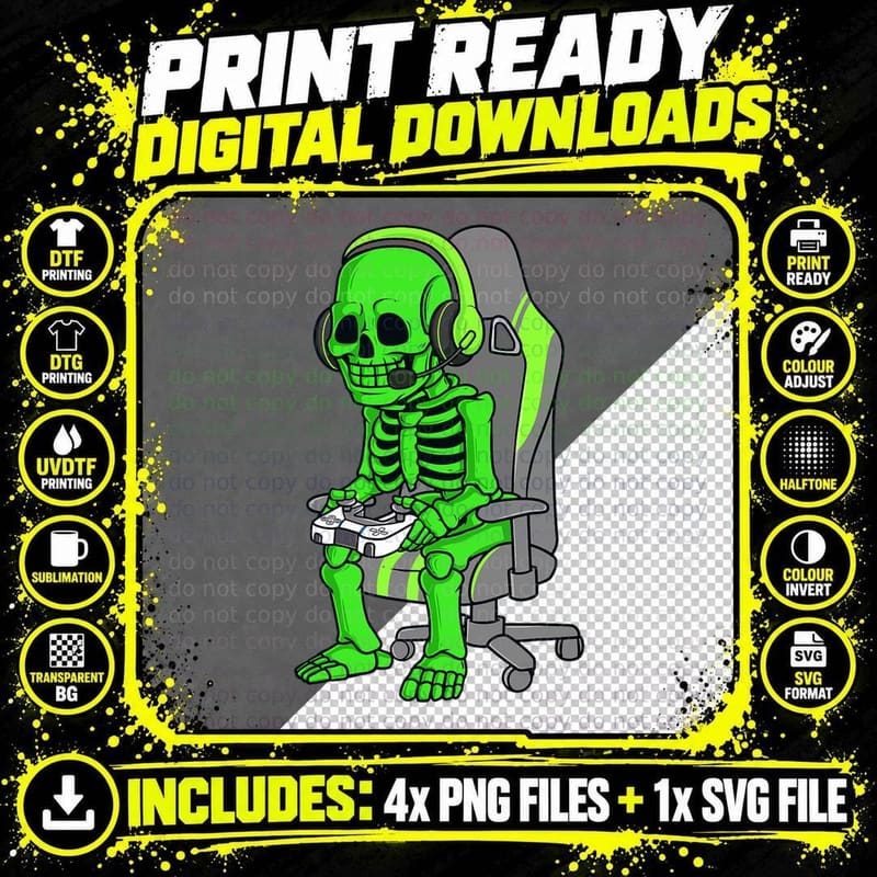 Gaming Halloween Skeleton Scary Gamer Funny Boys Kids Png SVG Digital Bundle