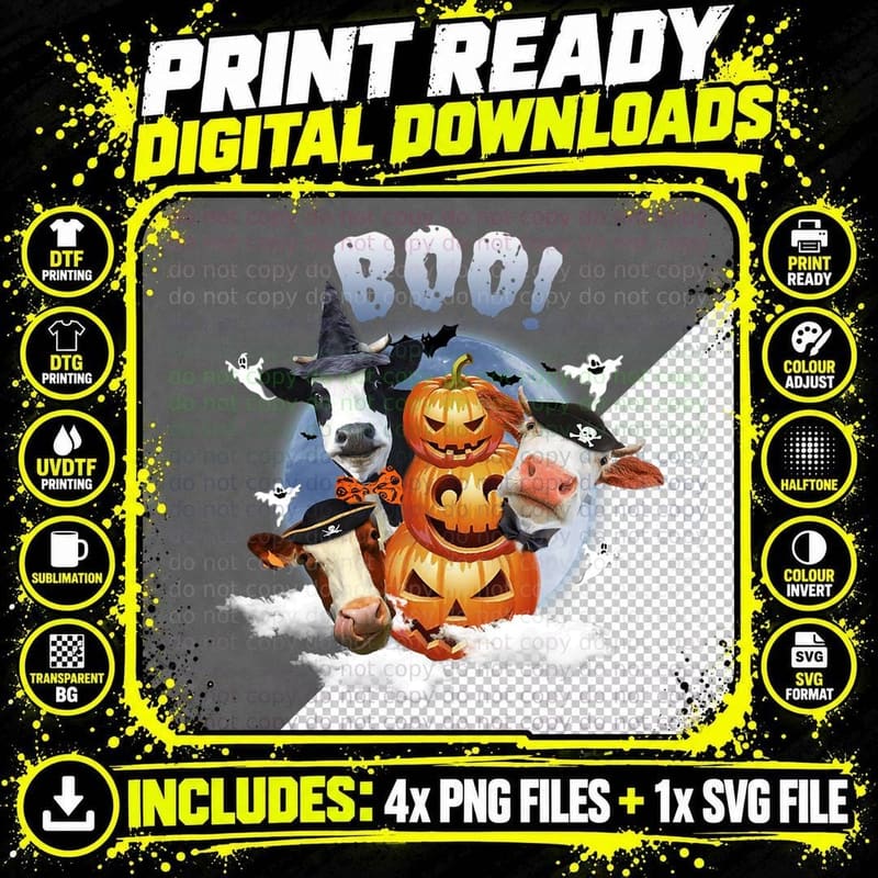 Ghost Cow Moo I Mean Boo Pumpkin Moon Halloween Farmer Png SVG Digital Bundle