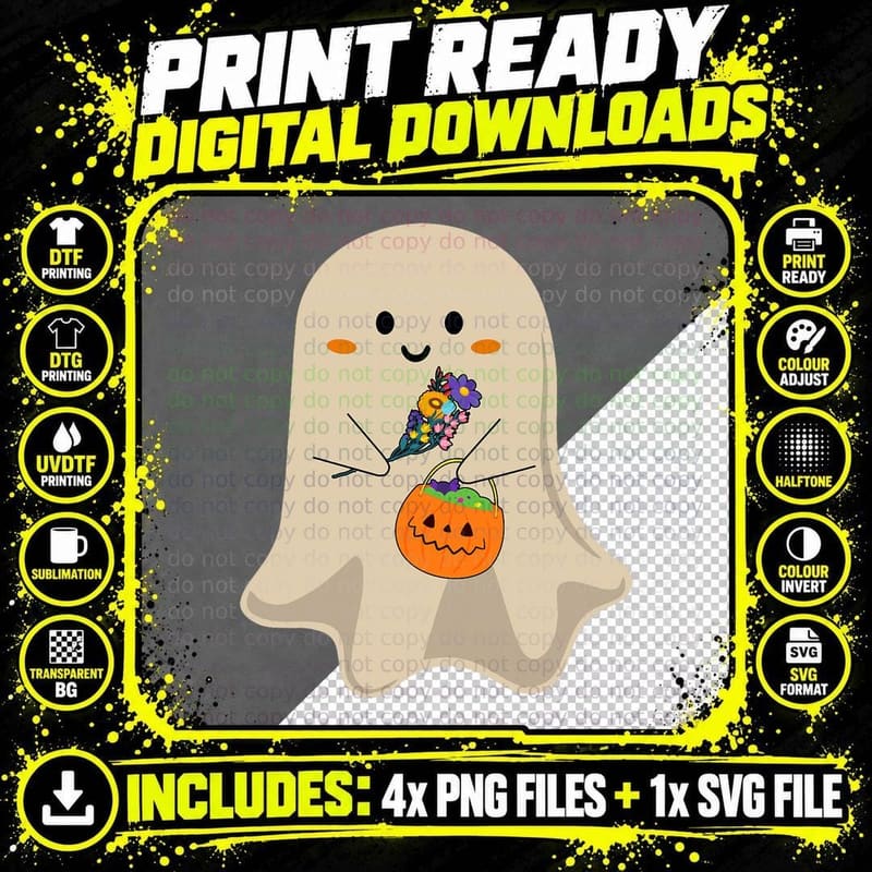 Ghost Floral Retro Cute Vintage Groovy Halloween Pumpkin Png SVG Digital Bundle