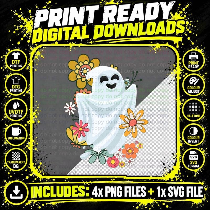Ghost Groovy Retro Vintage Cute Floral Halloween Graphic Png SVG Digital Bundle