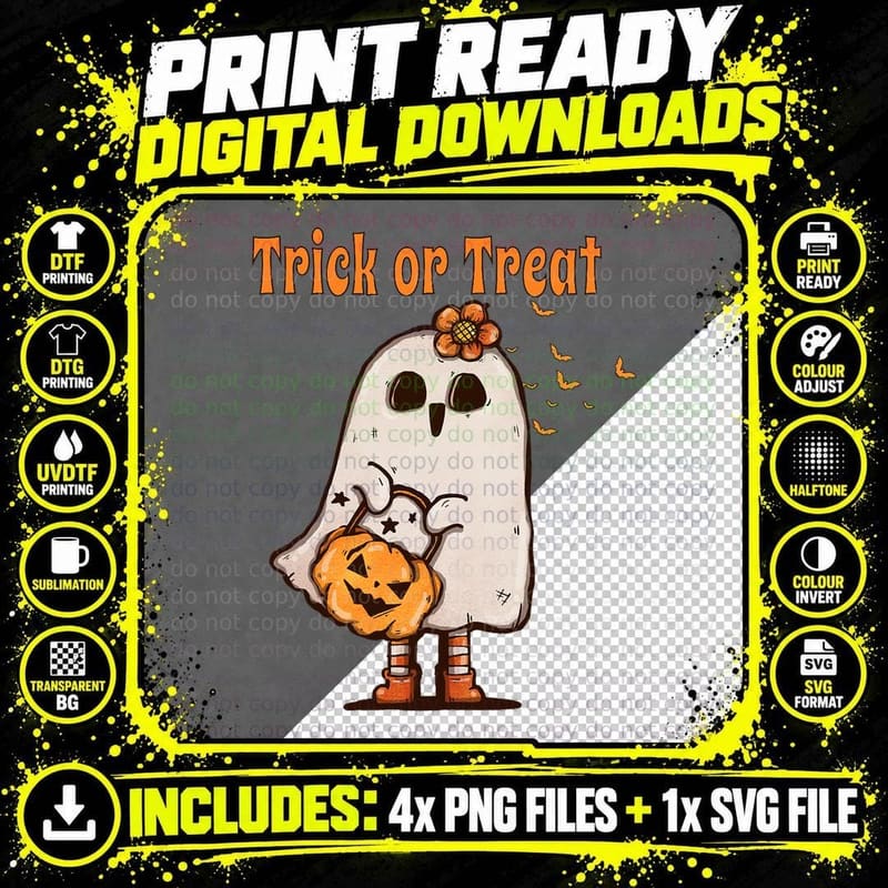 Ghost Halloween Costume Trick or Treat for Kids Girls Png SVG Digital Bundle