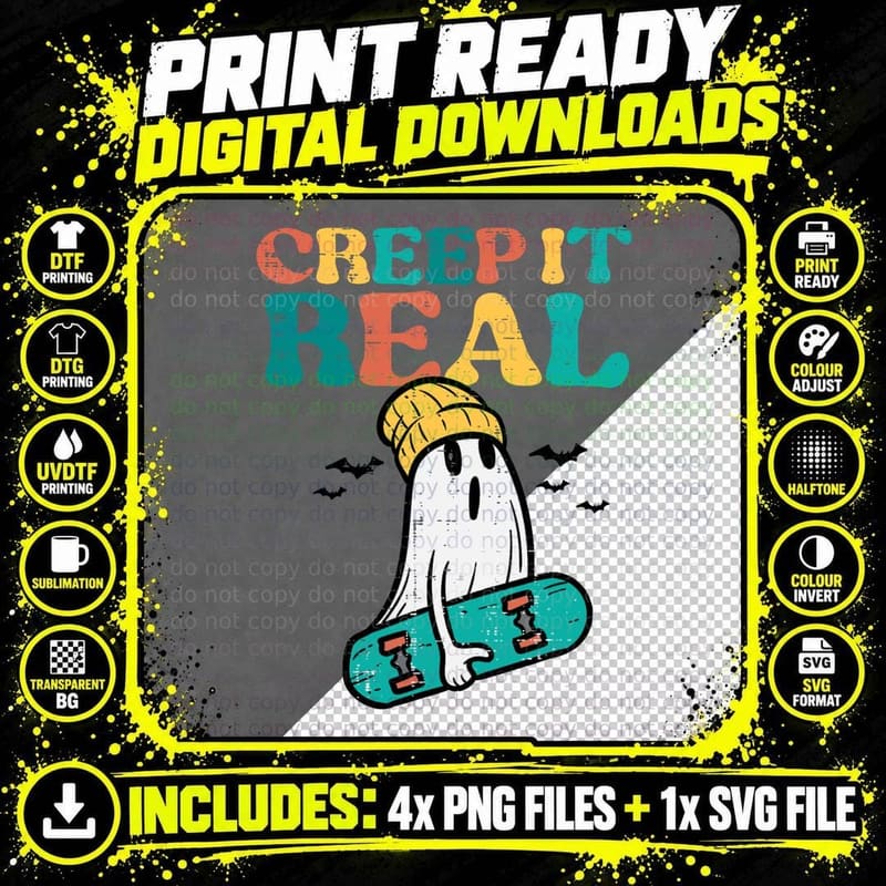 Ghost Skateboard Creep It Real Retro Halloween Costume Png SVG Digital Bundle