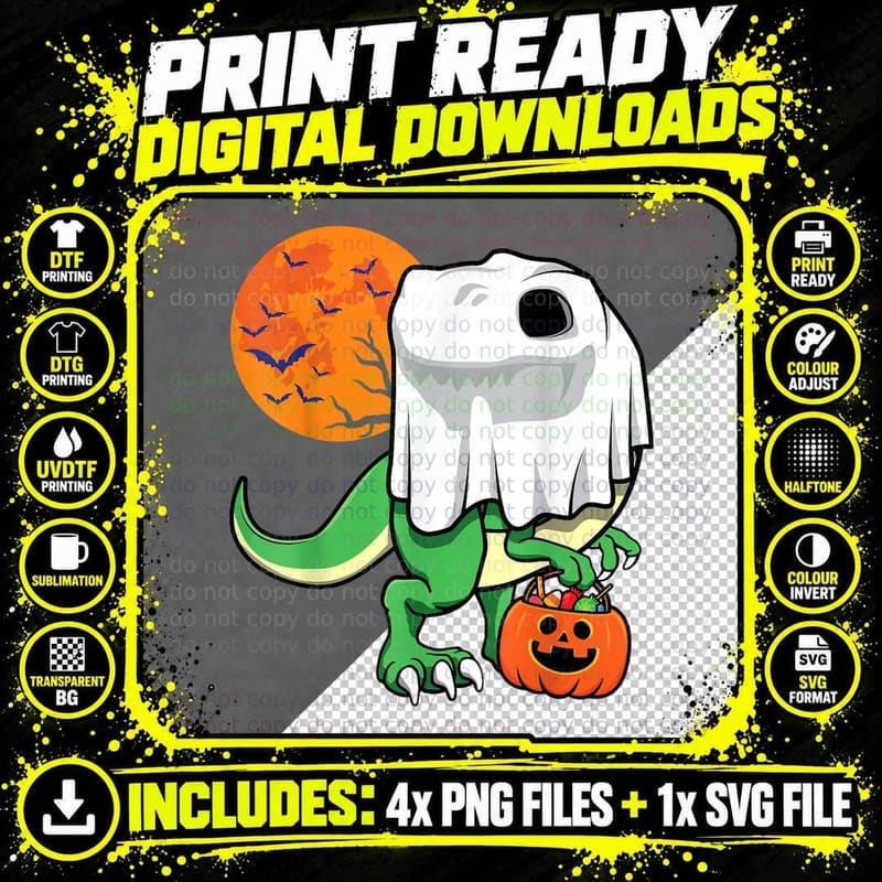 Ghost T Rex Dinosaur Pumpkin Halloween Tyrannosaurus Png SVG Digital Bundle