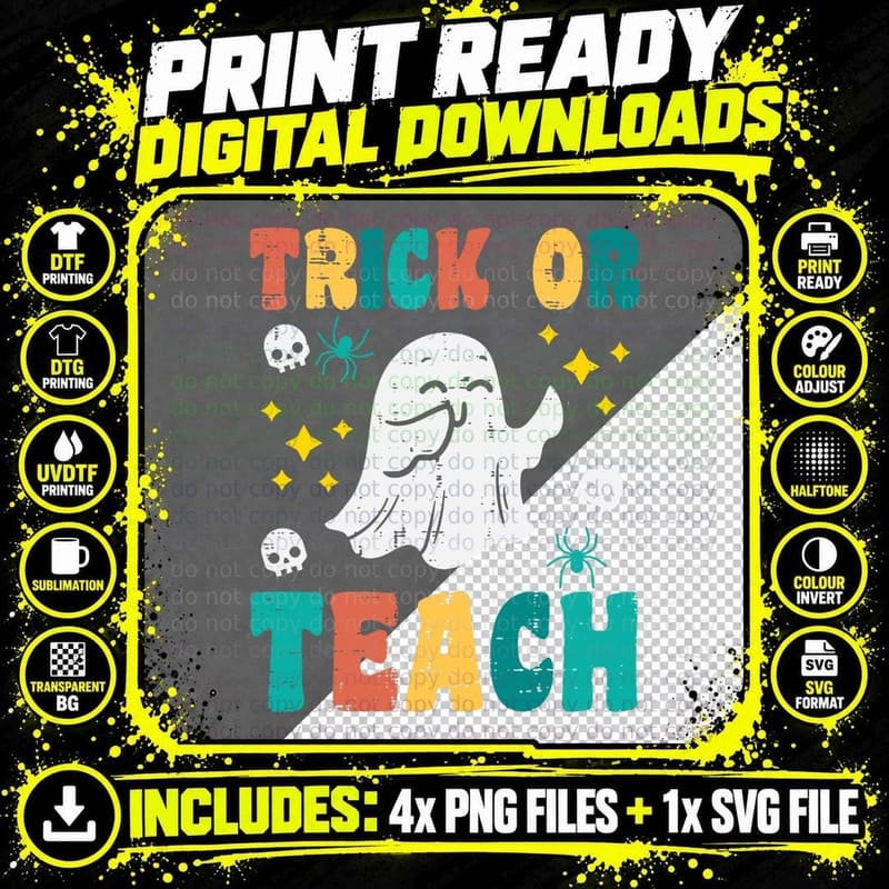 Ghost Trick or Teach Vintage Retro Halloween Costume Png SVG Digital Bundle