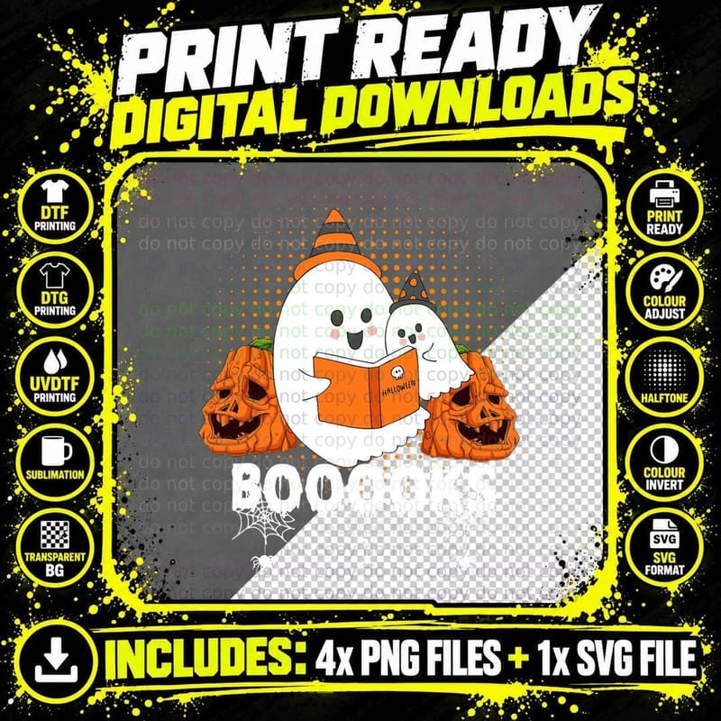 Ghost Witch Reading Booooks Pumpkin Teacher Halloween Png SVG Digital Bundle