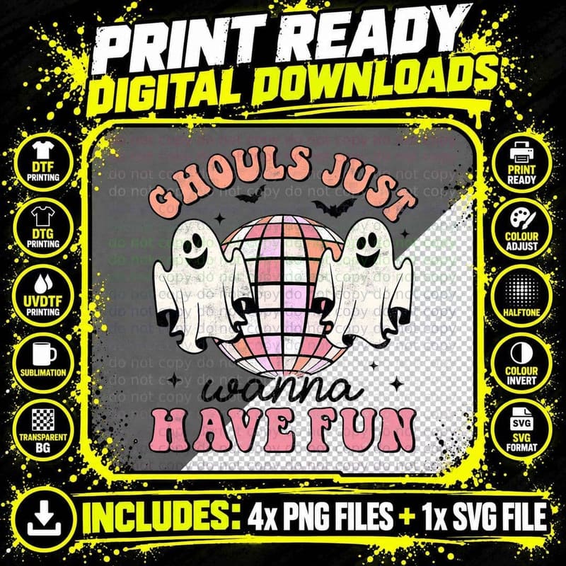 Ghouls Just Wanna Have Fun Halloween Spooky Season Retro Png SVG Digital Bundle