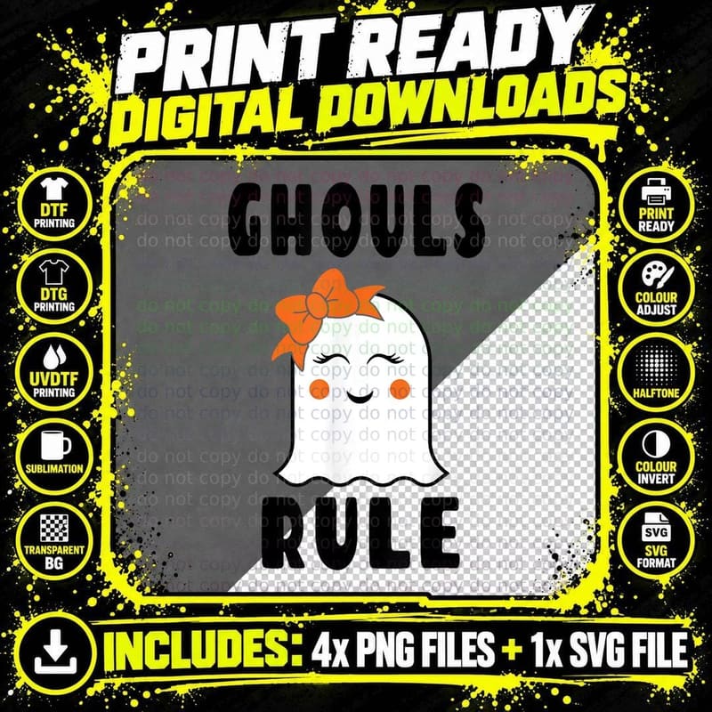 Ghouls Rule - Cute Halloween Girl Ghost Pun T-Shirt Png SVG Digital Bundle