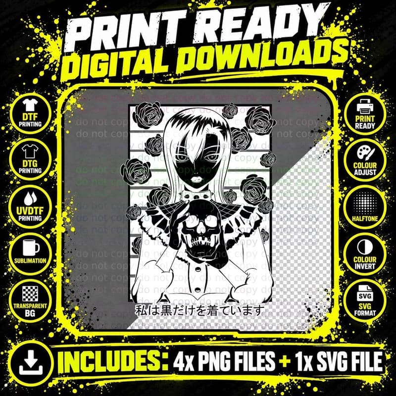 Goth Girl Skull Gothic Anime Aesthetic Horror T-Shirt Png SVG Digital Bundle