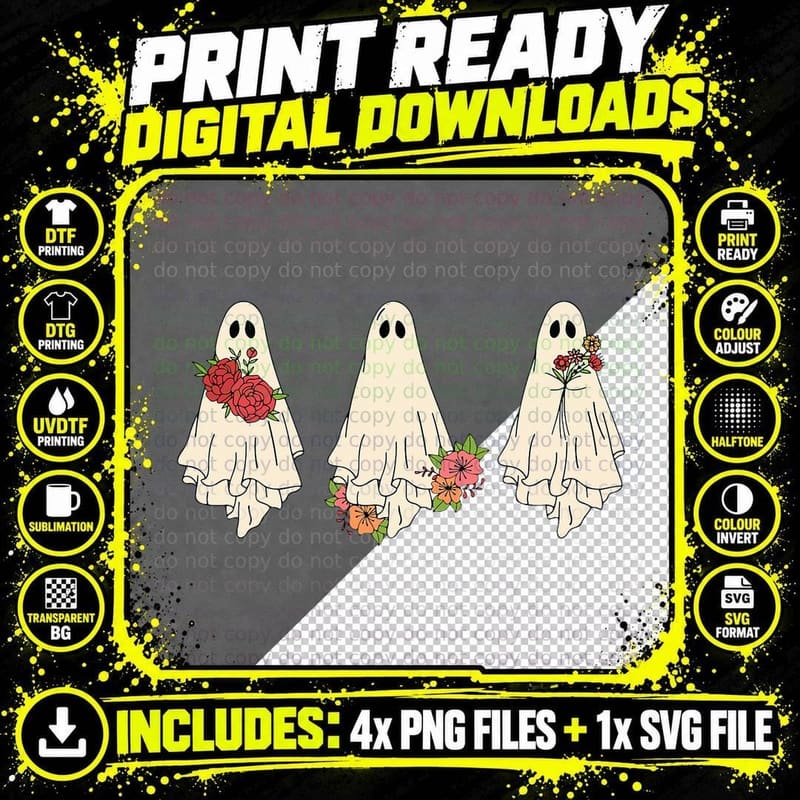 Groovy Floral Ghost Cute Vintage Halloween Spooky Season Png SVG Digital Bundle