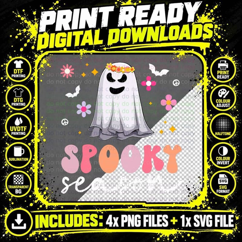 Groovy Ghost Spooky Season Retro Halloween Hippie T-Shirt Png SVG Digital Bundle