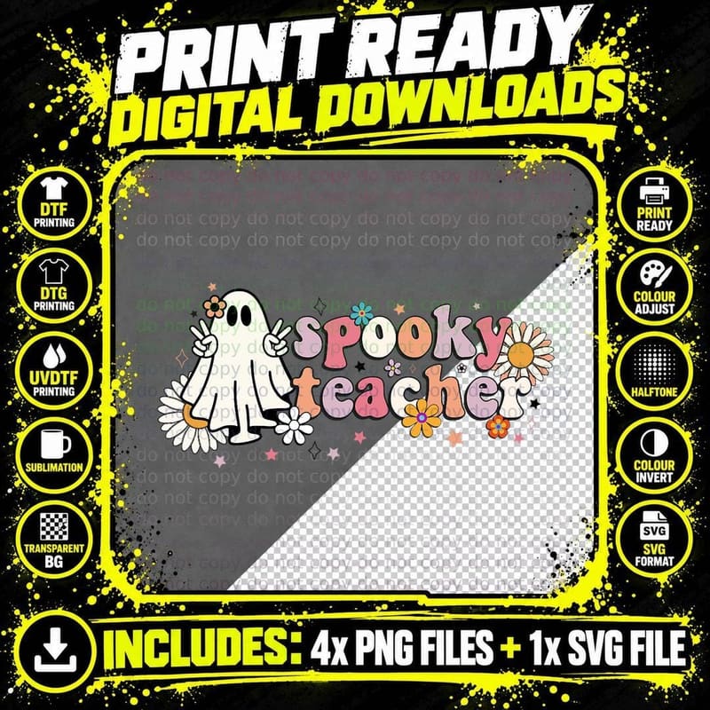 Groovy Halloween Spooky Teacher Trick or Teach Teacher Png SVG Digital Bundle