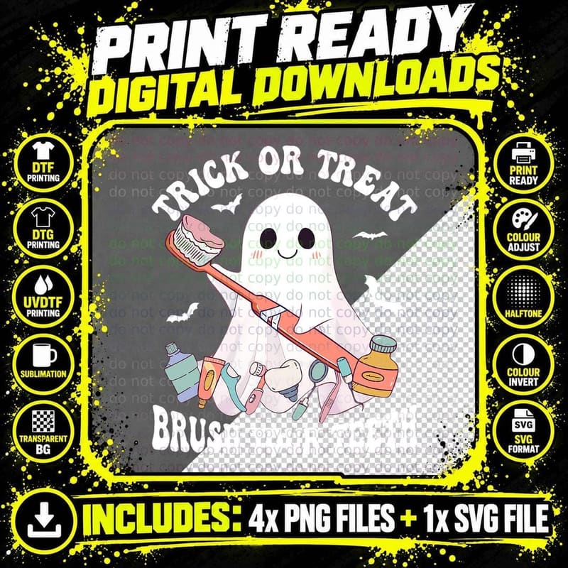 Groovy Halloween Trick or Treat Brush Your Teeth Dentist Png SVG Digital Bundle