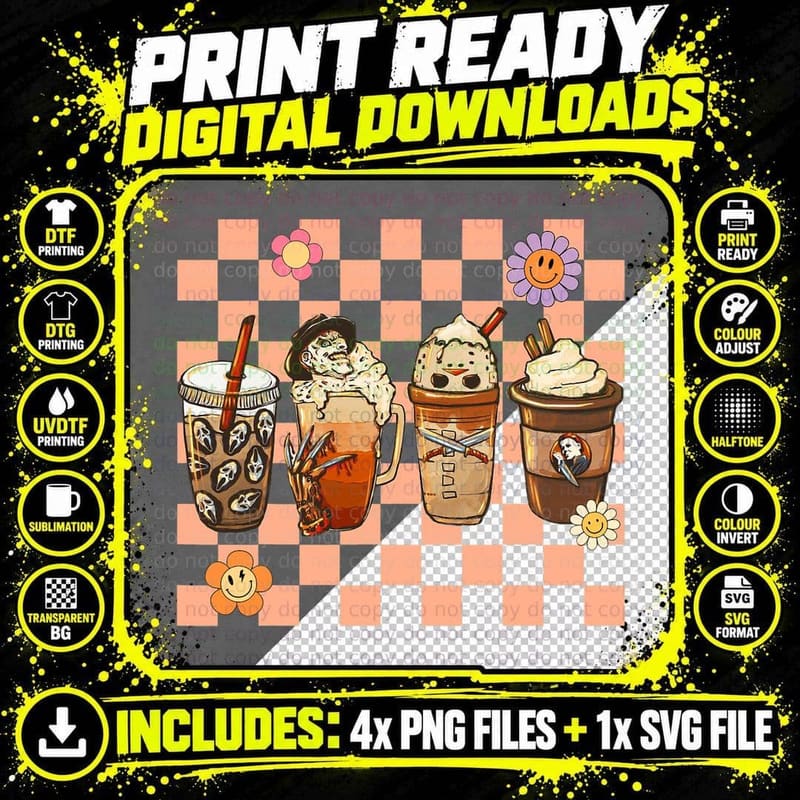 Groovy Hippie Horror Fall Movie Coffee Pumpkin Spice Png SVG Digital Bundle